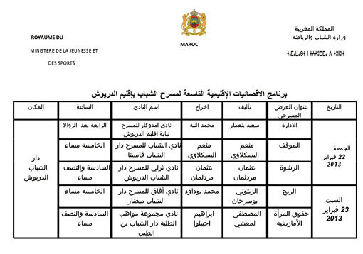 الاقصائيات الإقليمية التاسعة لمسرح الشباب بالدريوش يوم 22 و23 فبراير