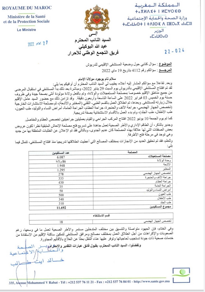 هذا ما قاله وزير الصحة حول وضعية المستشفى الإقليمي للدريوش